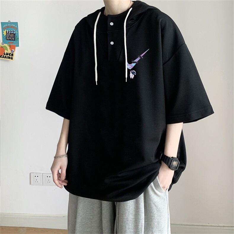 夏季港风冰丝宽松连帽短袖t恤五分体恤上衣TLM214-P40控58,男装T恤,电商B370
