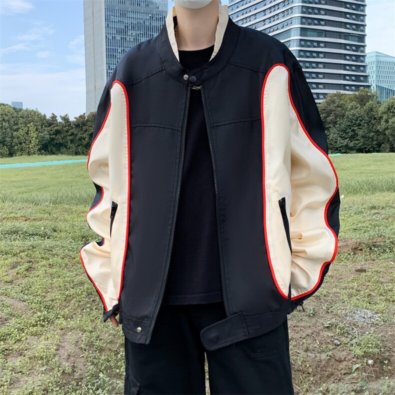 春秋美式复古外套赛车服情侣撞色机车服潮流宽松夹克JK00859-P68图片