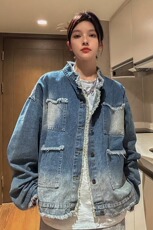 现货美式复古牛仔外套潮牌男士短款春秋季毛边设计高级感痞帅休闲，男装工装外套，星座218-1（原230）