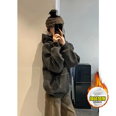 480G重磅加绒硬挺boxy男女秋冬美式高街条纹毛呢卫衣开衫厚外套，女装短外套，电商A486-1