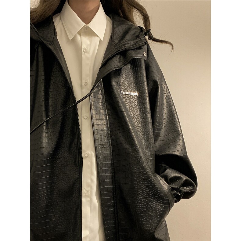 中性连帽鳄鱼纹PU皮衣大码情侣休闲冲锋衣夹克男JK8744P90控128，女装短外套，星座226-1