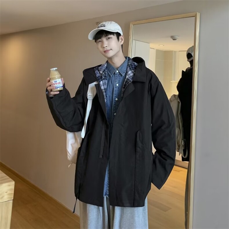 风衣男韩版潮拼色连帽2023冬季新款ins宽松百搭夹克外套W3901-P49,男装风衣,星座412-2