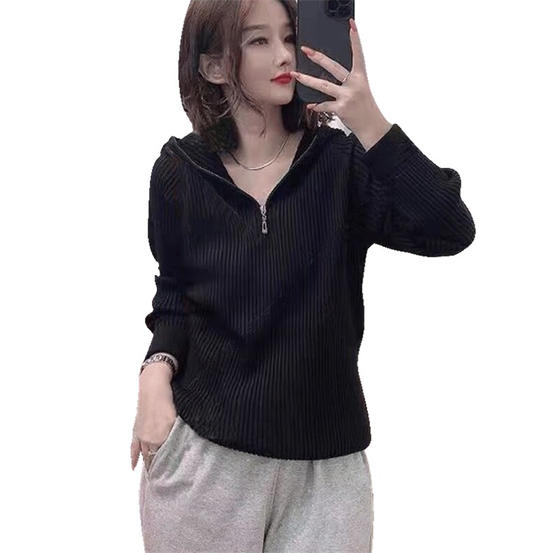 秋冬安迪绒连帽针织毛衣女套头坑条宽松显瘦帽衫拉链打底纯色百搭,针织衫/毛衣,佳绒包芯纱店