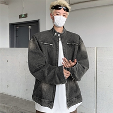 JK89472025秋复古水洗做旧拉链装饰牛仔夹克立领外套，男装夹克，星座1108