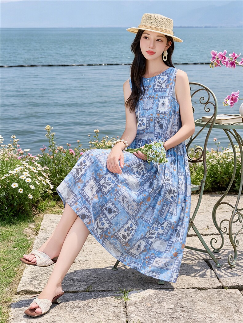 蓝色印花无袖宽松版时尚学院风连衣裙,女装连衣裙,水衣源