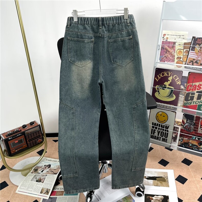 牛仔裤男士潮牌春秋季美式高街复古蓝微喇裤工装宽松裤T8863/P49图片