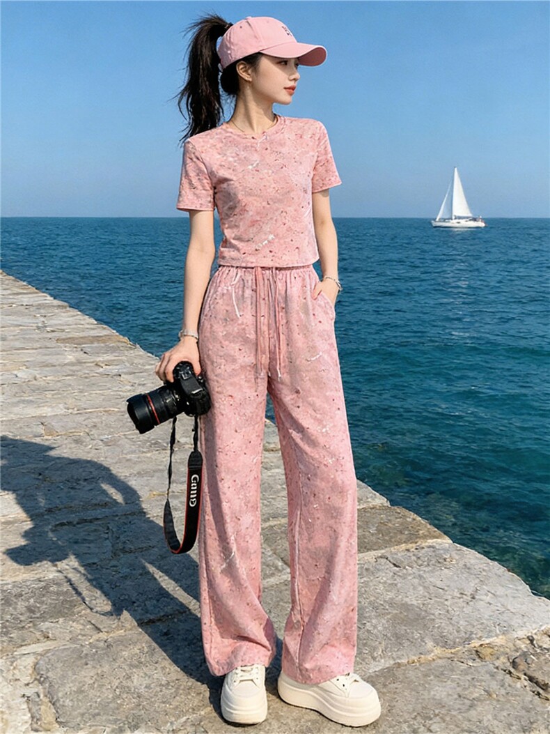 女夏季欧货潮流时尚运动休闲套装粉色扎染短袖上衣阔腿长裤两件套,女装套装/套裙,江南
