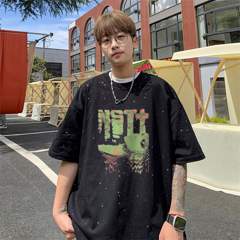 可48小时发货支持抖音得物来样二开美式满天星亮片短袖T恤MTX659,男装T恤,电商A486