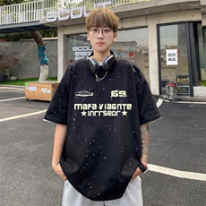 量大优供抖音视频支持得物配合二开美式满天星亮片短袖T恤MTX350，男装T恤，电商A486