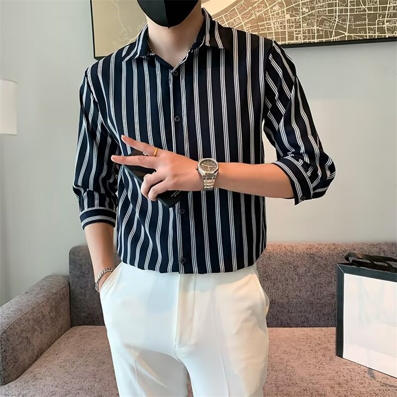 春季潮流青春流行男衬衫文艺标准百搭条纹简约七分袖C156-9,男装衬衫,星座1116A-2（原606A-1）