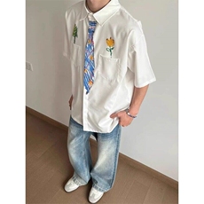 手绘涂鸦领带短袖衬衫男创意趣味少年感衬衣夏季痞帅WLC544-P35，男装T恤，星座1008