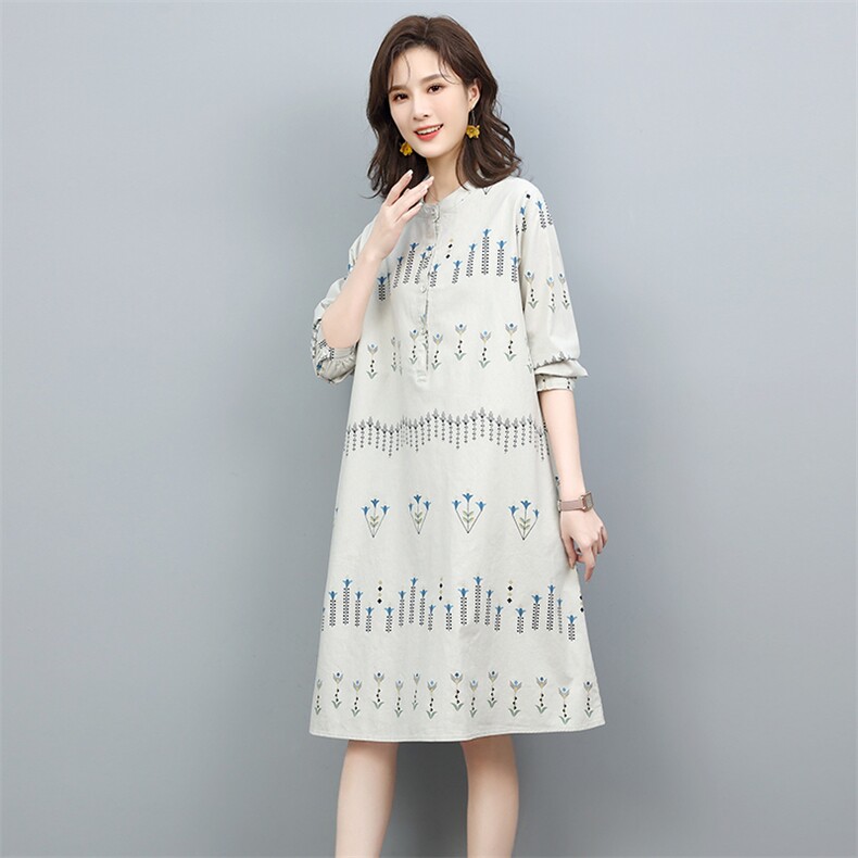 2022年春季新款韩版纯棉长袖连衣裙女中长款舒适显瘦印花裙子气质,女装连衣裙,忆绮罗