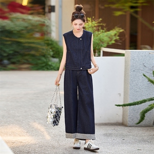 牛仔套装女2025夏新款韩系高级松弛感超火减龄休闲无袖一整套穿搭图片