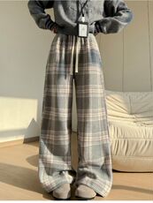 灰粉格子裤子女秋冬2025新款慵懒高腰垂感直筒休闲毛呢直筒阔腿裤，女装休闲裤，星座617A-2