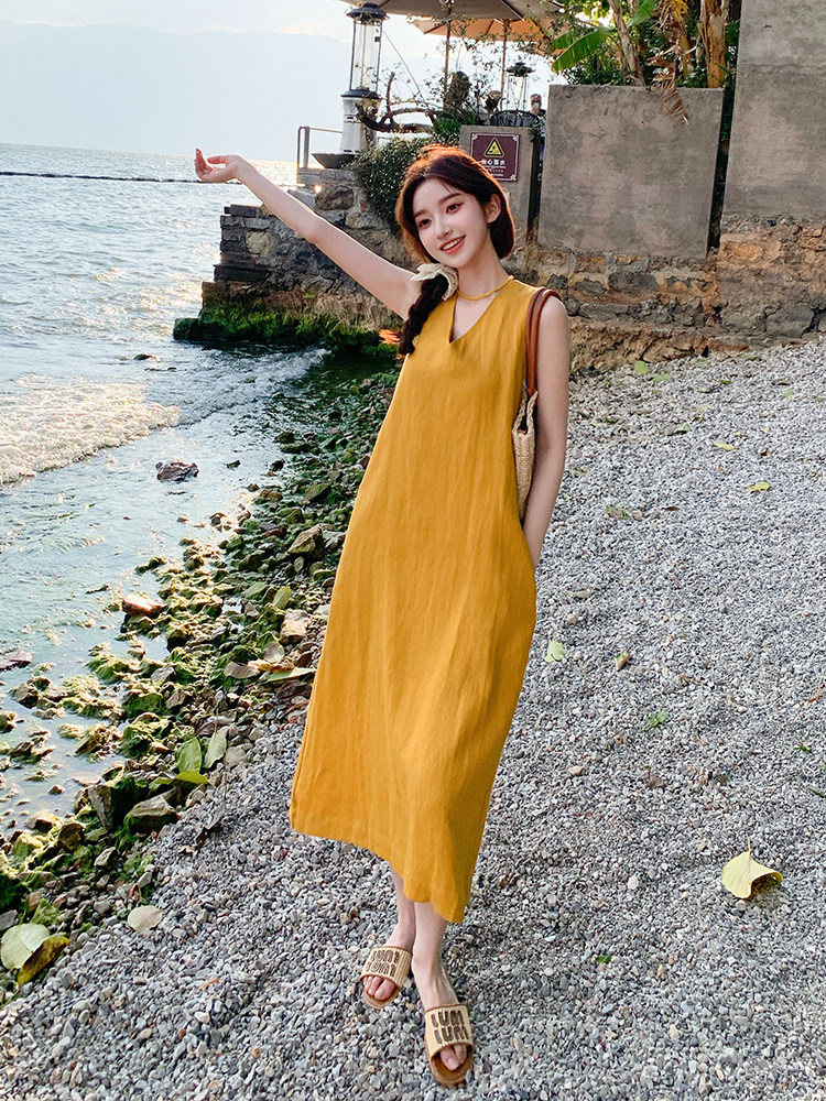 黄色简单大方的连衣裙女夏季2025新款宽松休闲松弛感无袖背心裙子,女装连衣裙,浙宝276（原081）