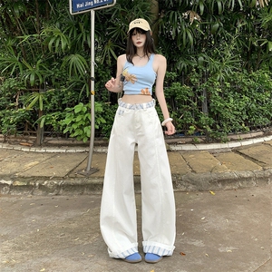美式拼接格纹白色裤子男女夏季宽松直筒工装阔腿休闲裤YD9025-P60图片