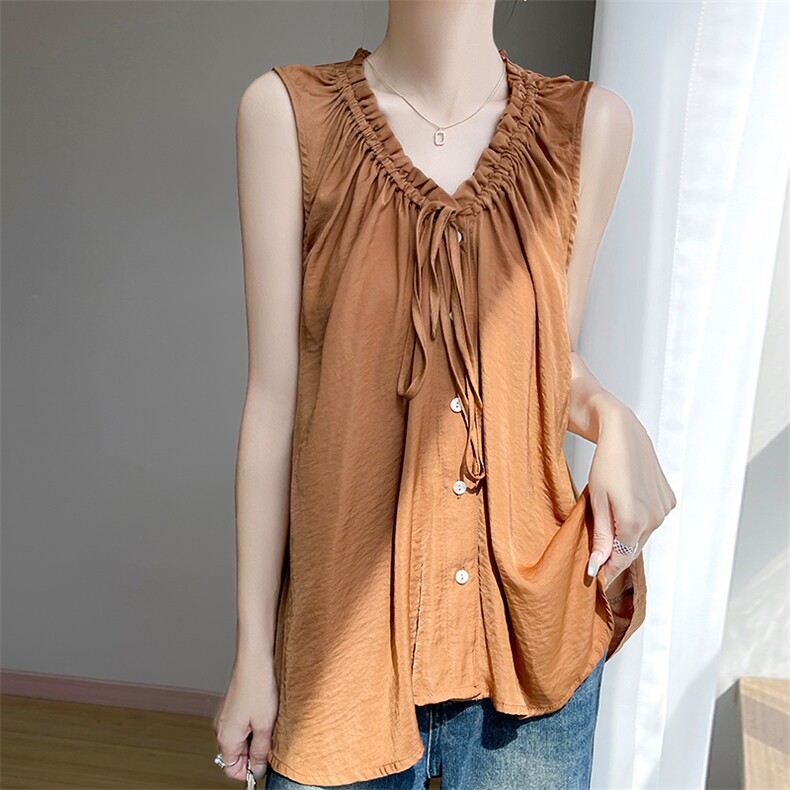法式木耳边宽松衬衫上衣夏日V领无袖背心A摆简约复古肌理感衬衣，女装T恤，圣丽羊绒