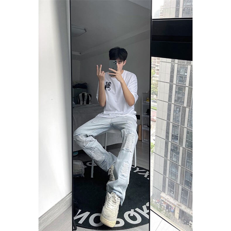 B221美式ins高街暗黑小众修身小脚破洞牛仔裤LK23055-P65控88,男装牛仔裤,电商B221