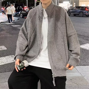 美式双拉链开衫毛衣男生休闲设计感针织外套ins立领长袖夹克上衣图片