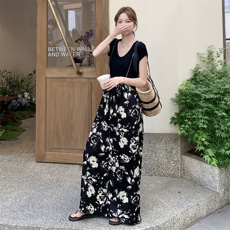 法式复古印花吊带高腰阔腿裤两件套女2025夏季新款黑色T恤连体裤,女装套装/套裙,2C255