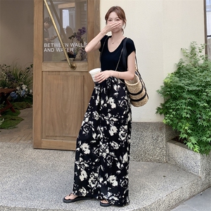 法式复古印花吊带高腰阔腿裤两件套女2025夏季新款黑色T恤连体裤图片