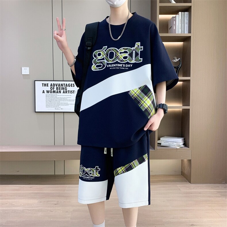 港风套装男休闲宽松冰丝青年圆领短袖T恤短裤两件套-JZ503-P51图片