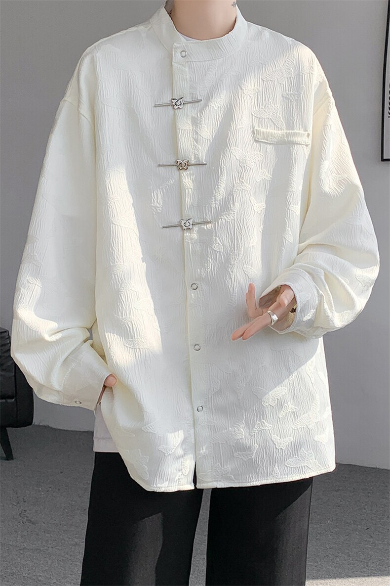 8XL-M特大码新中式蝴蝶扣暗纹长袖衬衫男复古装小众唐装CS509P55,男装衬衫,电商D206-1