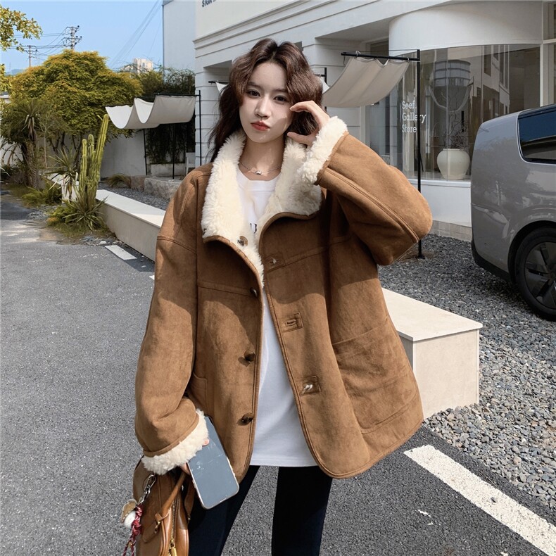 咖色麂皮绒两面穿皮毛一体羊羔毛外套女秋冬2025新款减龄显瘦棉服,女装短外套,2D037
