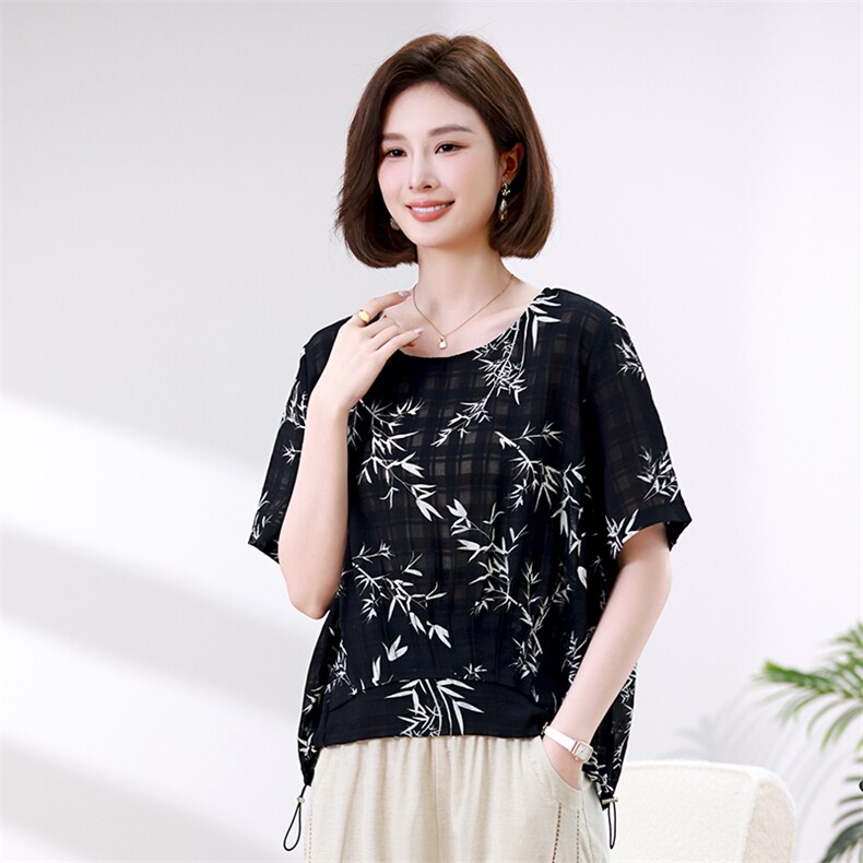 时尚竹叶印花宽松短袖T恤女夏季新款韩版百搭显瘦上衣,女装衬衫,叶笙衣