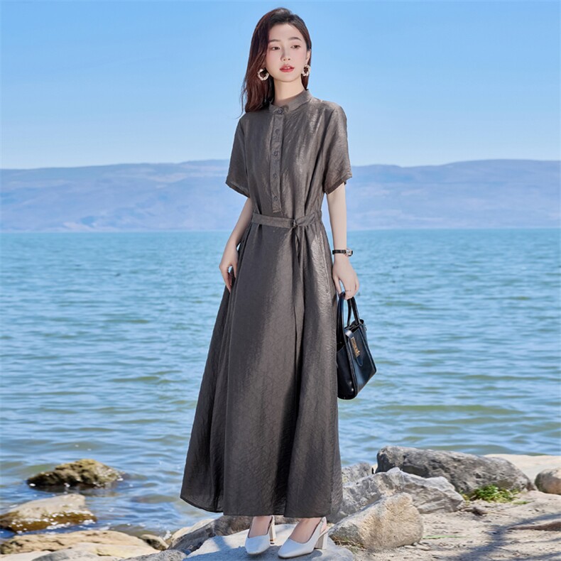 高级感复古提花连衣裙女2025夏新款优雅时尚宽松收腰显瘦气质长裙，女装连衣裙，简古