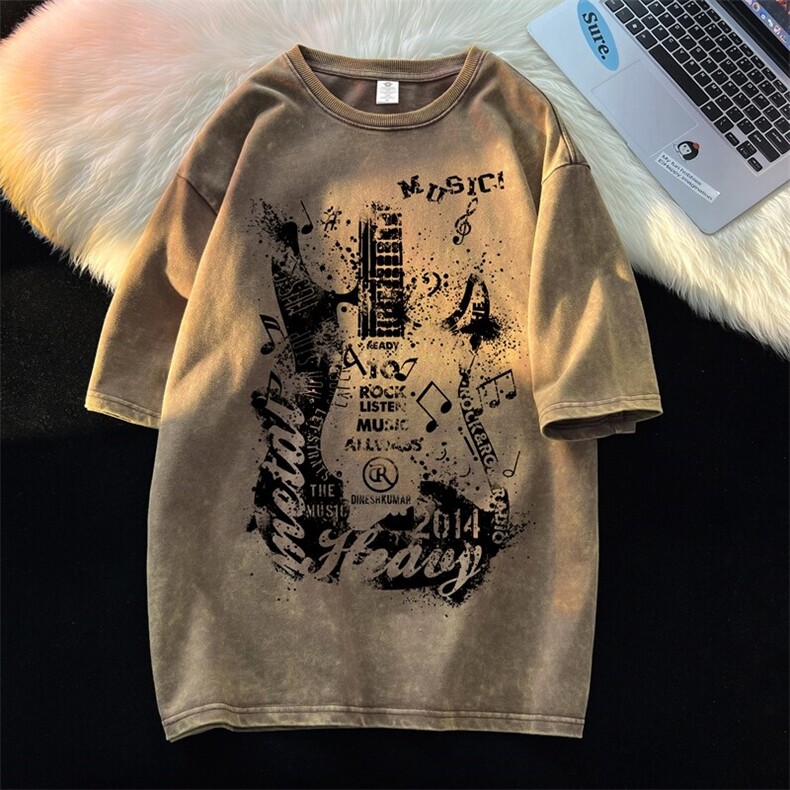 2025新款吉他美式大码青少年水洗短袖XZ517A-3-AQ016T-P38,男装T恤,星座517A-3