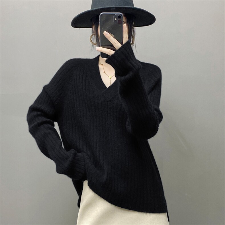 24新品5针3股前短后长V领山羊绒加厚保暖羊绒衫宽松时尚，女装羊绒衫，织绒羊