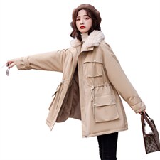 2021冬季新款时尚拼接羊羔毛翻领修身抽绳毛绒内里保暖派克服，女装派克服，菡迪欧娜