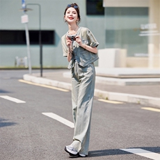 2024年夏季薄款立圆领短袖上衣外套+直筒阔腿裤牛仔套装，女装套装/套裙，瑶迪依秀