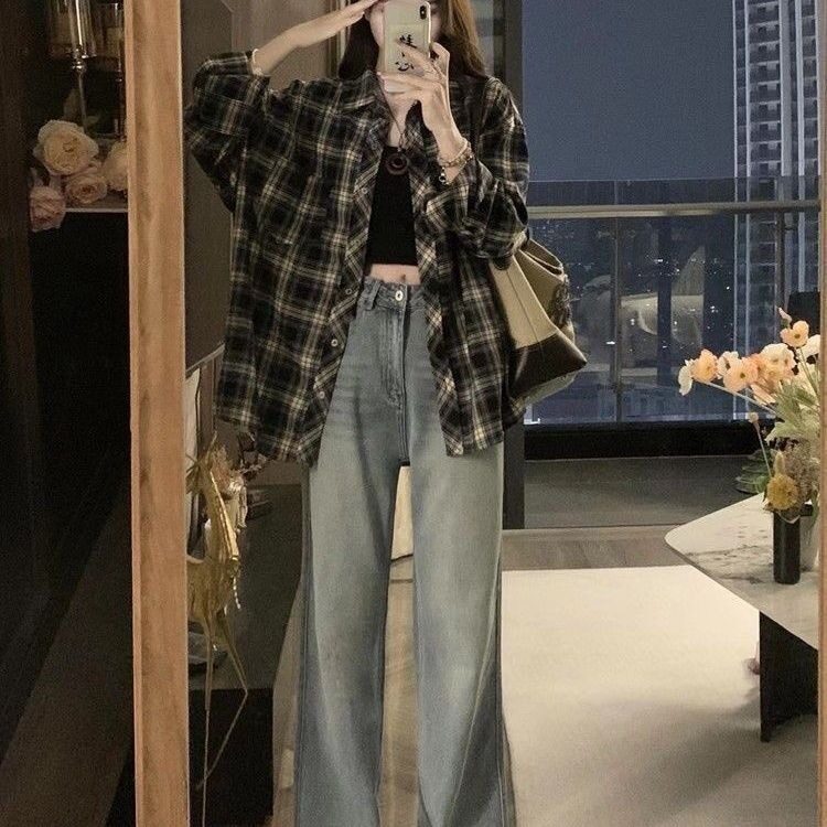撞色格子长袖衬衫男女同款春秋季美式复古松弛感宽松潮流情侣衬衣,男装衬衫,星座911