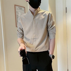 夏季新款衬衫男短袖千鸟格个性花寸衫五分袖夏季发型师痞帅时尚潮，男装T恤，星座218-1（原230）
