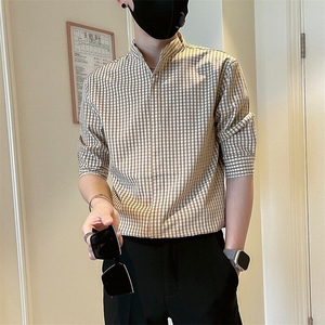 夏季新款衬衫男短袖千鸟格个性花寸衫五分袖夏季发型师痞帅时尚潮图片