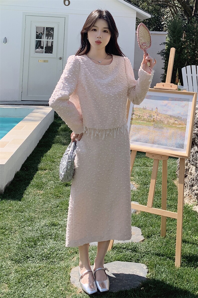 粉色流苏小香风套装女2025春秋新款穿搭洋气甜美气质半身裙两件套,女装套装/套裙,2C212
