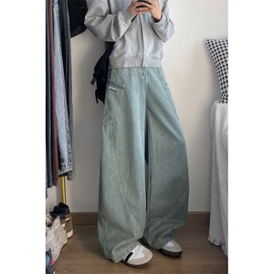 美式复古竖纹弯刀廓形工装牛仔裤男高街宽松拖地阔腿裤XK5510-P58图片