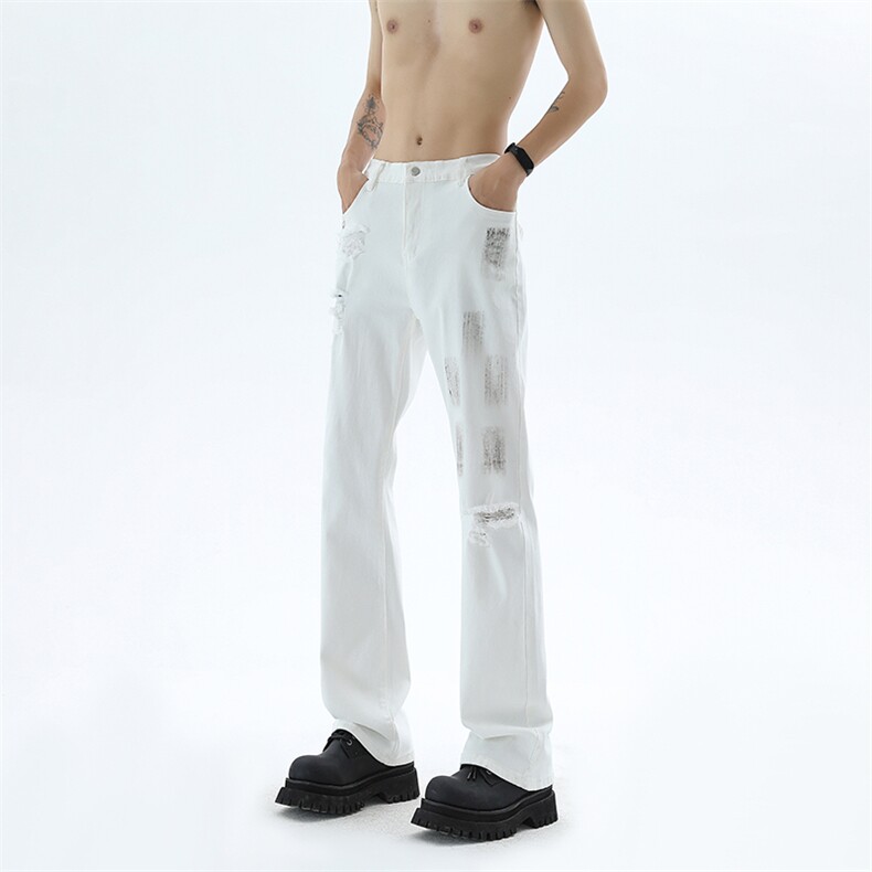 B221美式ins高街暗黑破洞喷墨弹力微喇牛仔裤LK24204-P55控78,男装牛仔裤,电商B221