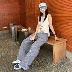 蓝色韩版木耳边格子休闲裤女2025夏季新款直筒高腰显瘦宽松阔腿裤，男装休闲裤，星座506A