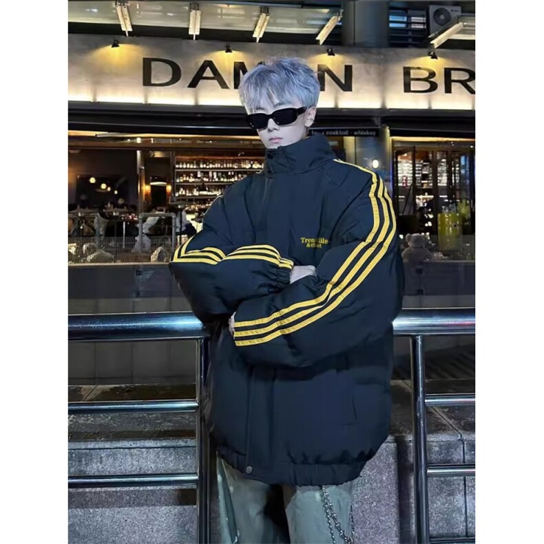 9901-P70美式短款撞色格子棉服男款冬季三条杠立领外套加厚,男装棉衣,电商B323A