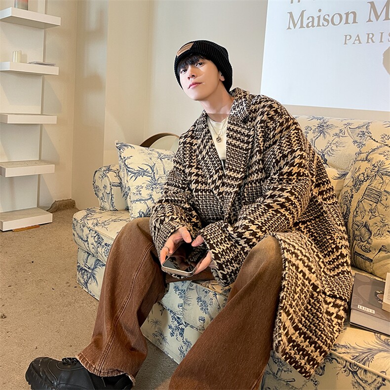 秋冬季中长款千鸟格呢料风衣男潮流大衣西装领外套A071-F05-P120，男装西服套装，电商A071