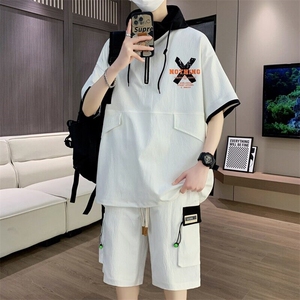 男士休闲套装夏季薄款连帽宽松短袖t恤一套日系短裤五分裤衣服潮图片