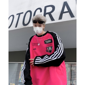F151-P38 春季小众设计感圆领撞色上衣美式复古潮牌长袖卫衣男图片