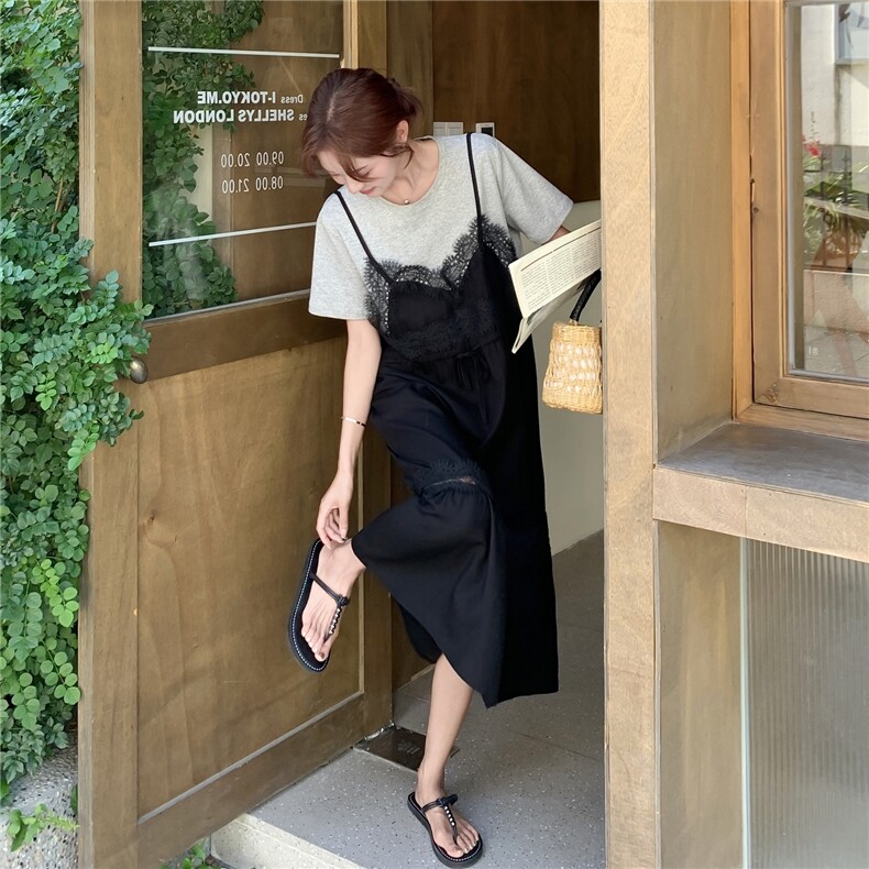 蕾丝拼接假两件连衣裙女2025夏季新款法式轻熟风独特气质鱼尾长裙,女装连衣裙,2C375