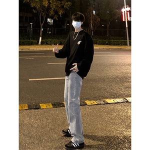B221美式高街水泥灰弹力直筒牛仔裤LK24146-P60控79 加绒P70控99图片