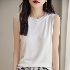冰丝薄无袖吊带背心女圆领镶钻内搭打底上衣修身百搭纯色针织衫，女装背心吊带，暖姿羊绒
