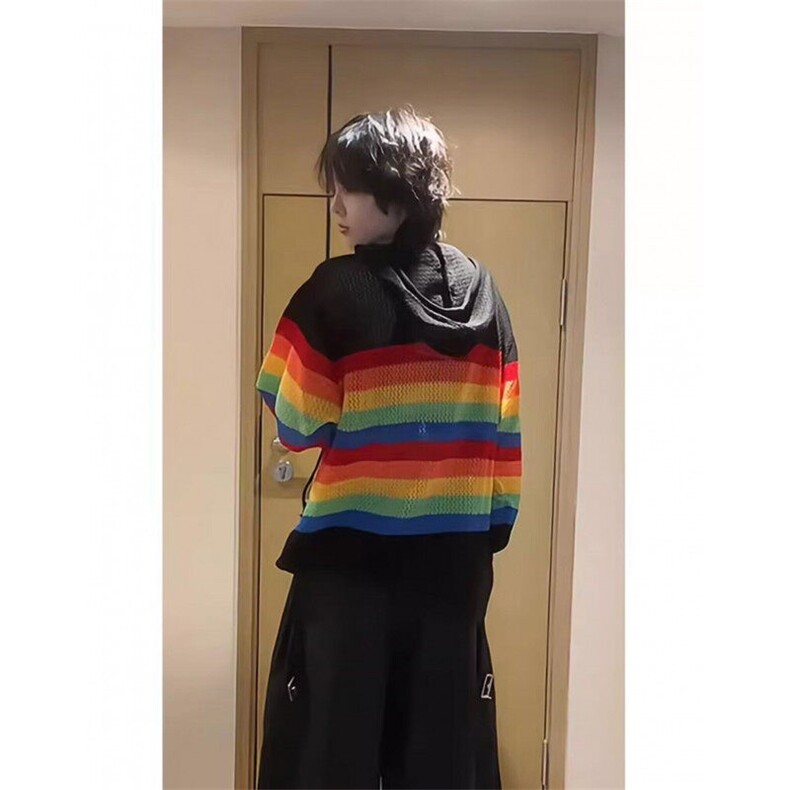 【有货】D939-特P45多巴胺条纹镂空针织开衫男女宽松撞色连帽长袖,男装针织衫/毛衣,星座603-2