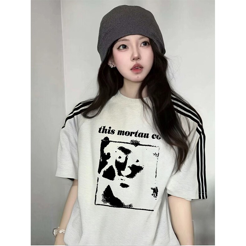 抖音得物品质二开240克宽松纯棉美式潮牌印花三条杠中性风短袖T恤,男装T恤,电商A486